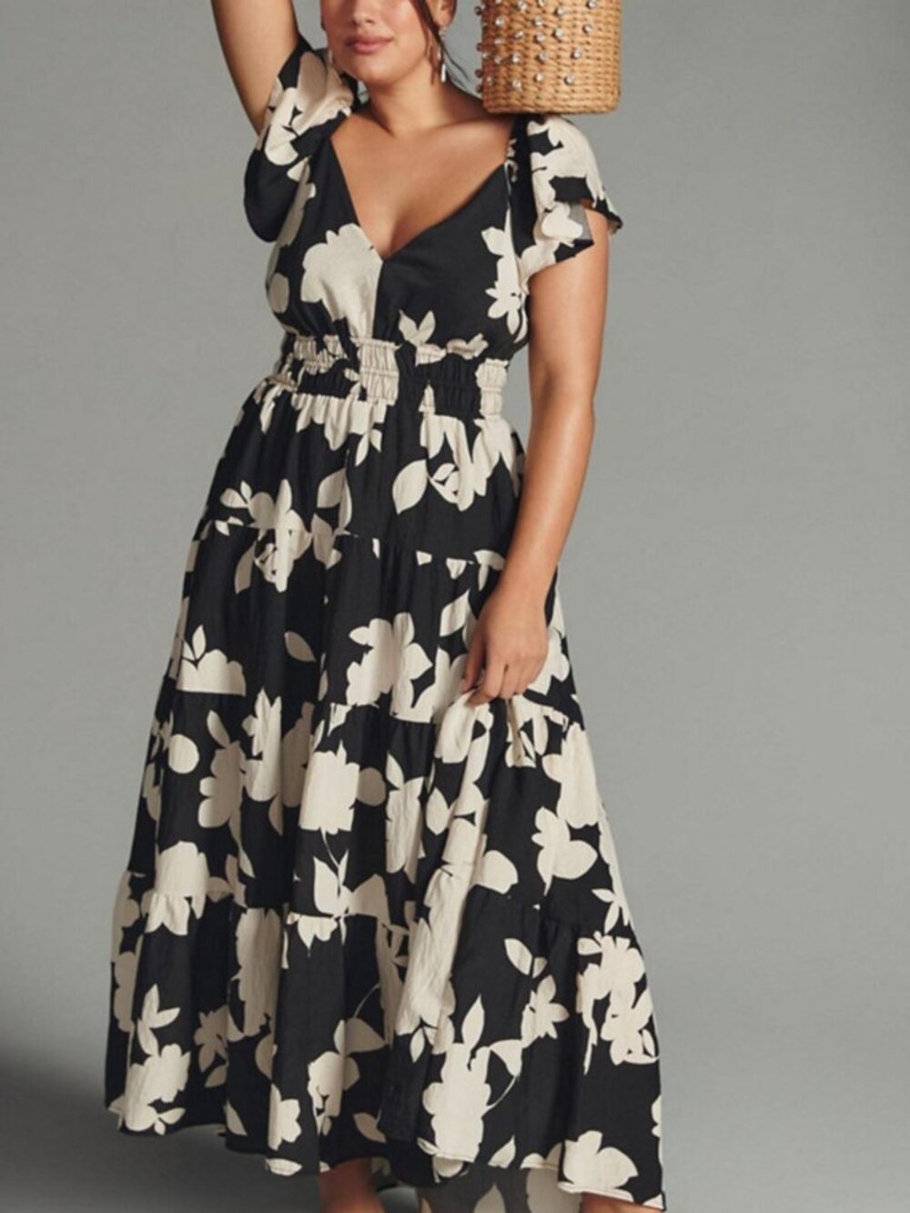 Rachel Zoe Black Ivory Retro Floral Smocked Tiered Midi Midaxi Dress M